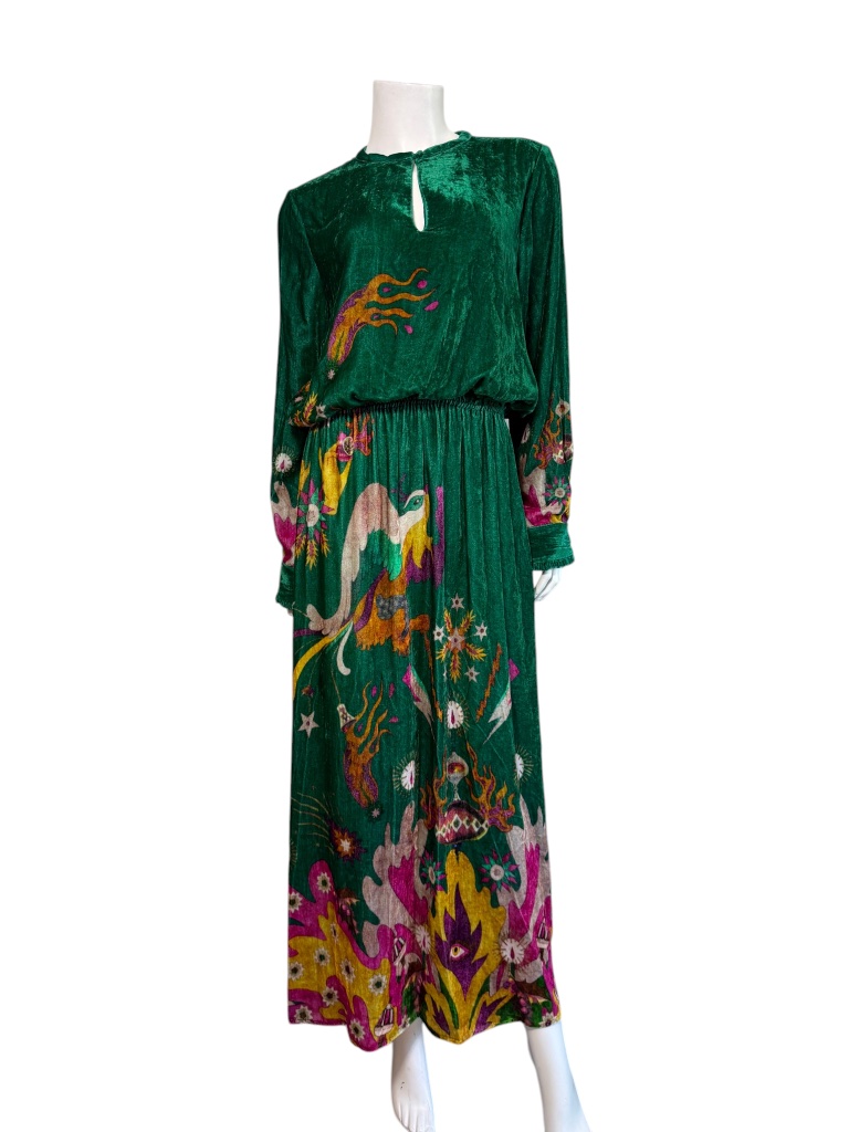 Chufy Crushed Velvet Mythical Print Maxi Dress In Emerald Size L